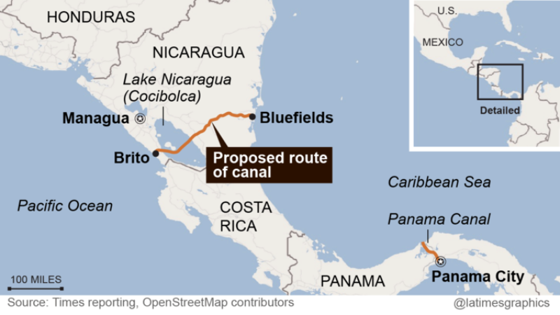 Проект никарагуанского канала на карте