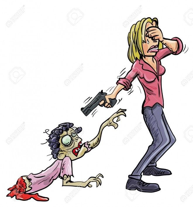 18811855-Macabre-humorous-image-of-a-crying-woman-covering-her-eyes-and-aiming-a-gun-at-an-evil-ghoulish-zomb-Stock-Vector