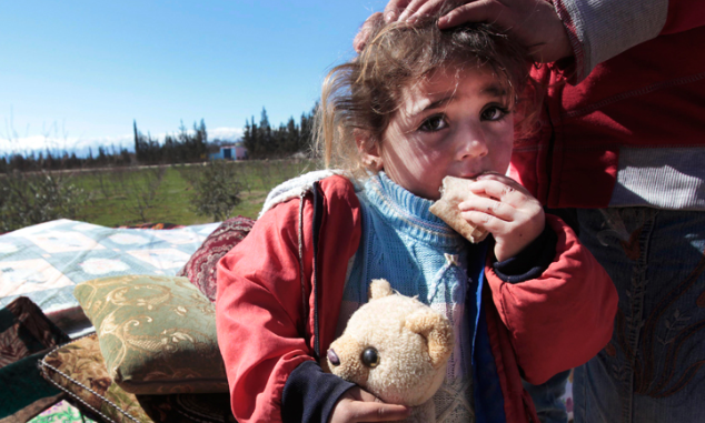 Syrian refugee crisis - Syrian refugees - small child - little Syrian girl with toy bear