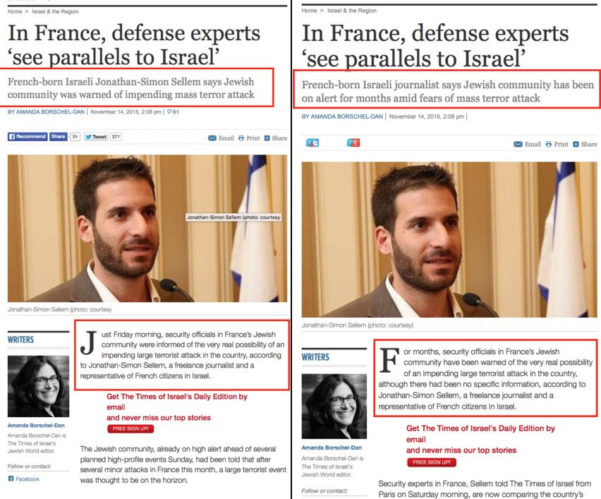 Times of Israel retract information that says French Jews were warned about Paris attacks