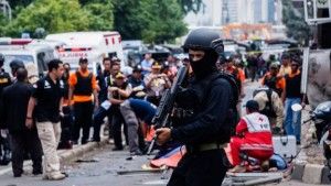 Indonesian police say they have regained control after several attackers launched a gun and bomb attack on the city. 