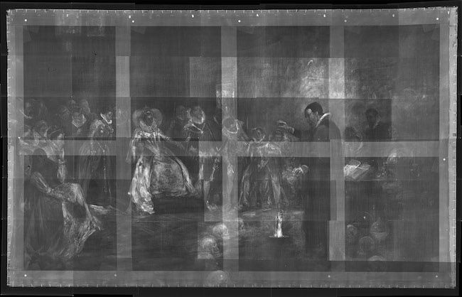 X-ray of Henry Gillard Glindoni, “John Dee performing an experiment before Queen Elizabeth I” (late 19th century), showing skulls in a ring around John Dee 