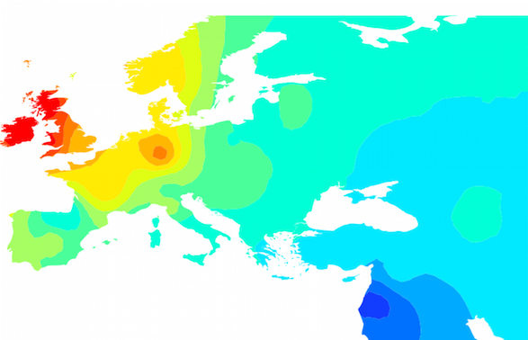 This heat map shows how the DNA taken from the 4,000-year-old bones discovered in Northern Ireland relates to DNA of modern European populations. The red coloring over the British Isles indicates that the bones are most like the modern populations there. (From the Proceedings of the National Academy of Sciences.)