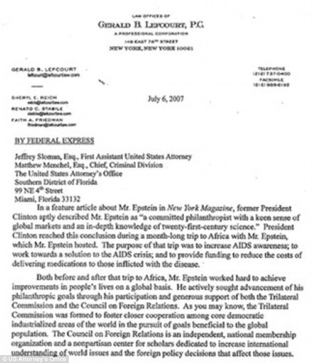 A July 2007 letter to the South Florida State U.S. Attorney's office, written by lawyers Alan Dershowitz and Gerald Lefcourt, claimed that Epstein had been part of original group that set up the Foundation's Clinton Global Initiative, focusing on 'some of the world's most pressing challenges'