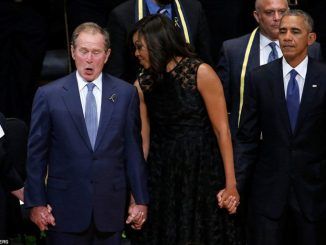 Former President George W. Bush obviously thinks this state of affairs is worth celebrating, as this bizarre footage of him singing and dancing at the Dallas memorial for five slain police officers shows.