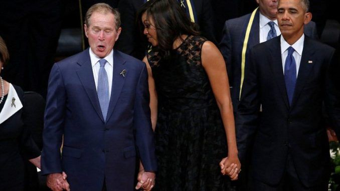 Former President George W. Bush obviously thinks this state of affairs is worth celebrating, as this bizarre footage of him singing and dancing at the Dallas memorial for five slain police officers shows.