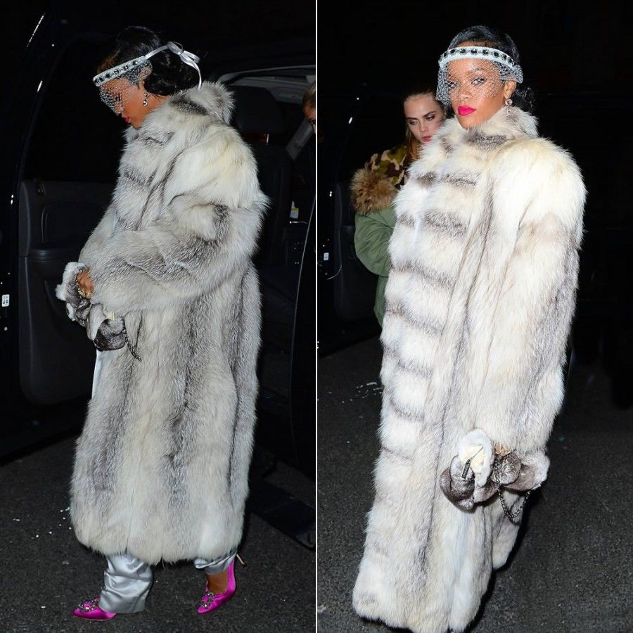 Rihanna wearing real fur at her New Years Eve party in NYC at the 40/40 Club