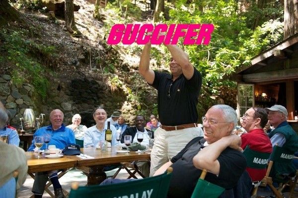 Colin Powell pictured at the Bohemian Grove in a photo hacked by Guccifer