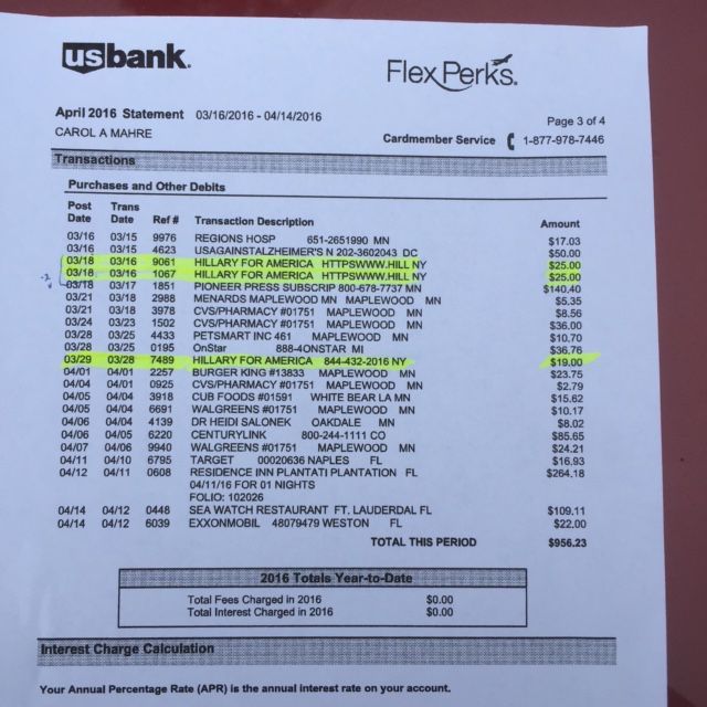 Hillary for America processed a total of $94 in unauthorized charges to Carol Mahre’s US Bank account