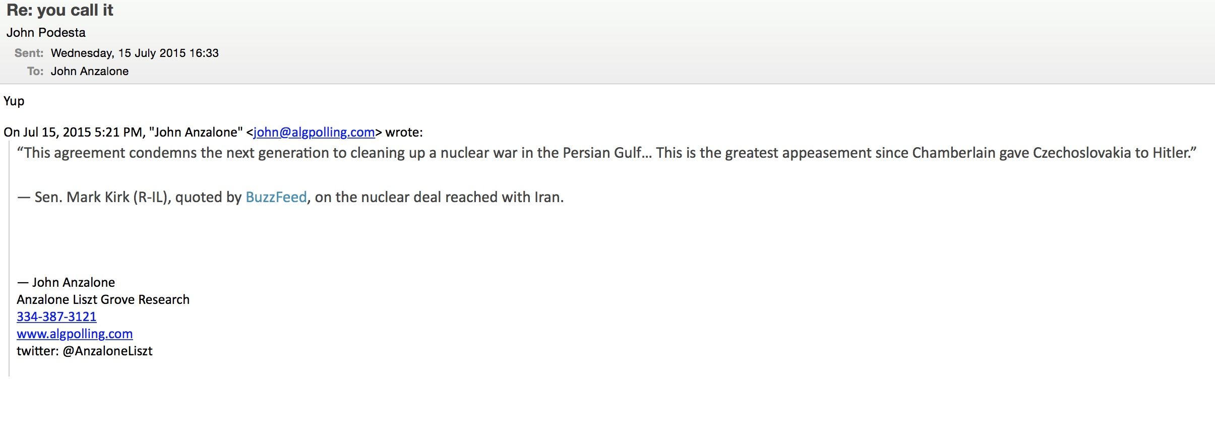 John Podesta Wikileaks email warns of 'nuclear warn' in the Persian Gulf