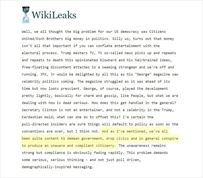 Wikileaks: Clinton Insiders Wanted "An Unaware & Compliant Citizenry”