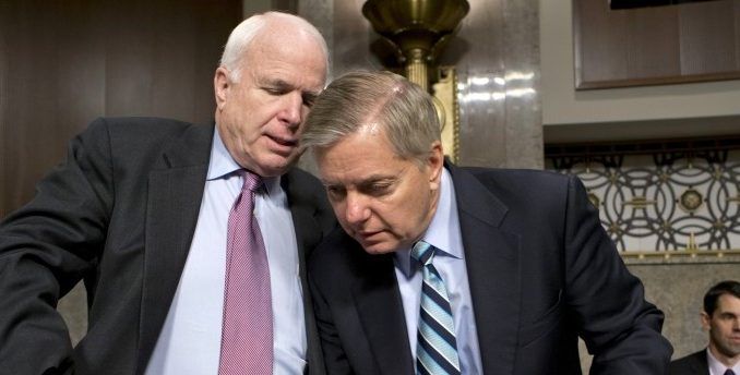 A video has surfaced online in which warmongers John McCain and Lindsey Graham are caught meeting with Ukrainian troops and encouraging them to re-start hostilities with Russia.