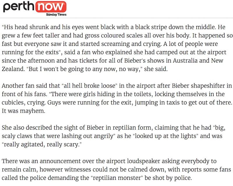 Text from the article that interviewed multiple witnesses claiming "hundreds of fans" saw Bieber in reptilian form.