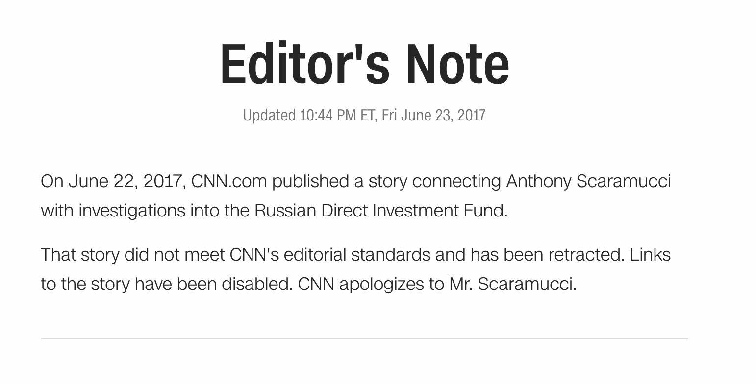 Screenshot taken from CNN website where their editor admits to deleting a phony Trump-Russia story. 