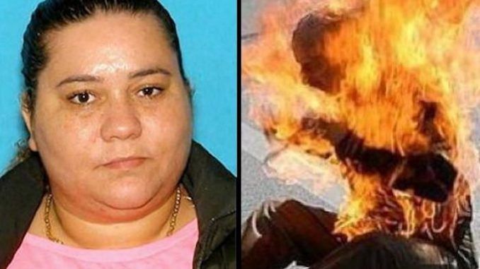 A woman has been arrested after throwing gasoline over her pedophile husband and lighting him on fire after catching him molest her young daughter.