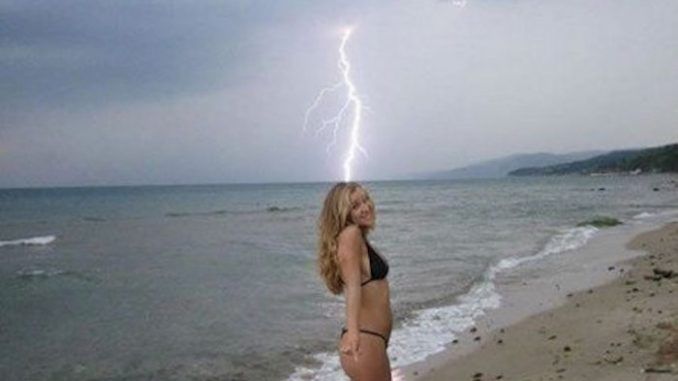 A woman has suffered severe burning to her anus after being struck by lightning bolt which hit her in the mouth and passed right through her body, exiting in the from of sparks from her ass.