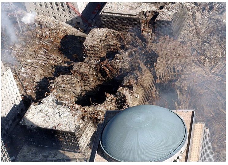 Compare the debris from WTC-7 (left) with that from WTC-1 (right), which should have been more than twice as high.