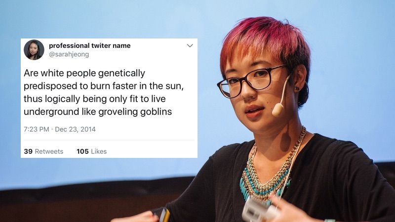 The newest member of the New York Times' editorial board, Sarah Jeong, has a history of racist outbursts against white people on Twitter.