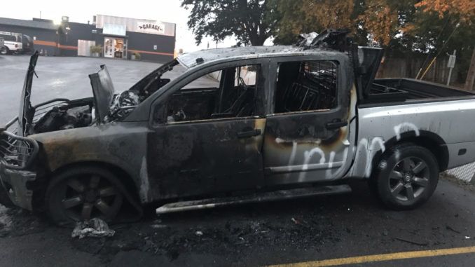 A Washington state man was horrified to learn that his truck had been set ablaze during the early morning hours on Monday by violent liberals whose sensibilities were "offended" by two bumper stickers on the vehicle.