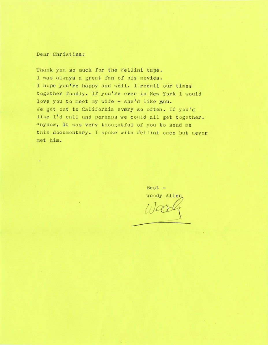 A 2001 letter Allen sent to Engelhardt thanking her for a copy of a documentary about Federico Fellini in which she appeared.