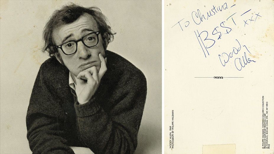 A postcard signed by Woody Allen in the early days of his relationship with Christina Engelhardt. "I  had seen it in a shop and brought it over and asked him to sign it," she says.