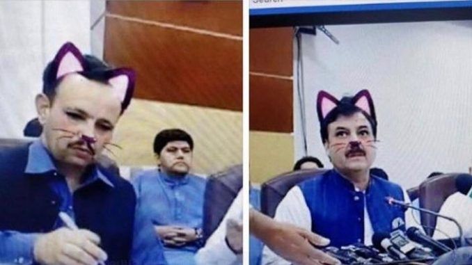 A Pakistani government minister turned “cat-face” when a video filter was mistakenly turned-on during a live press conference.