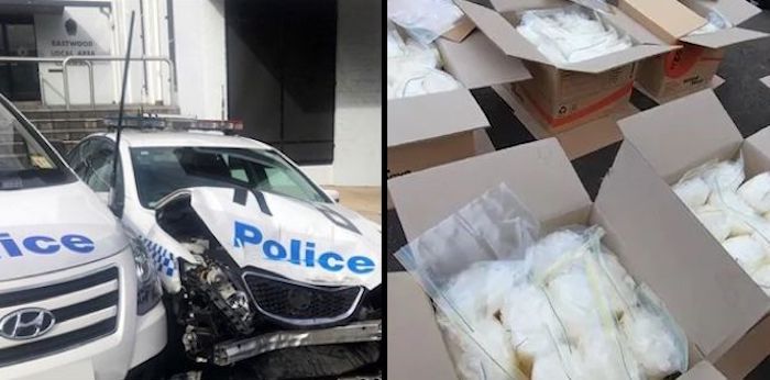 A van jammed with $140m worth of crystal meth crashed into a police car parked outside a police station in Australia yesterday.