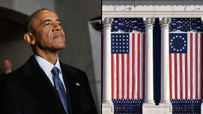 The 'offensive' Betsy Ross flag was prominently displayed during former President Barack Obama's second inauguration ceremony in 2013.