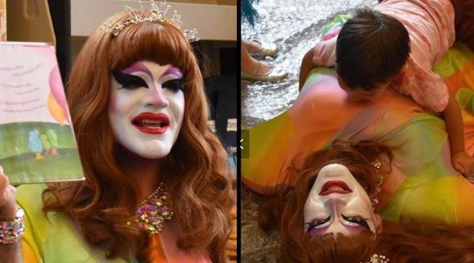 Children have been photographed lying on top of men dressed as women at a "Drag Queen Story Time" event in Portland, Oregon.