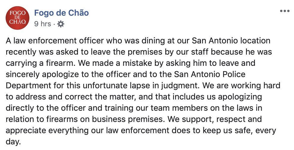 Fogo de Chao issued an apology after an armed officer was asked to leave its restaurant.