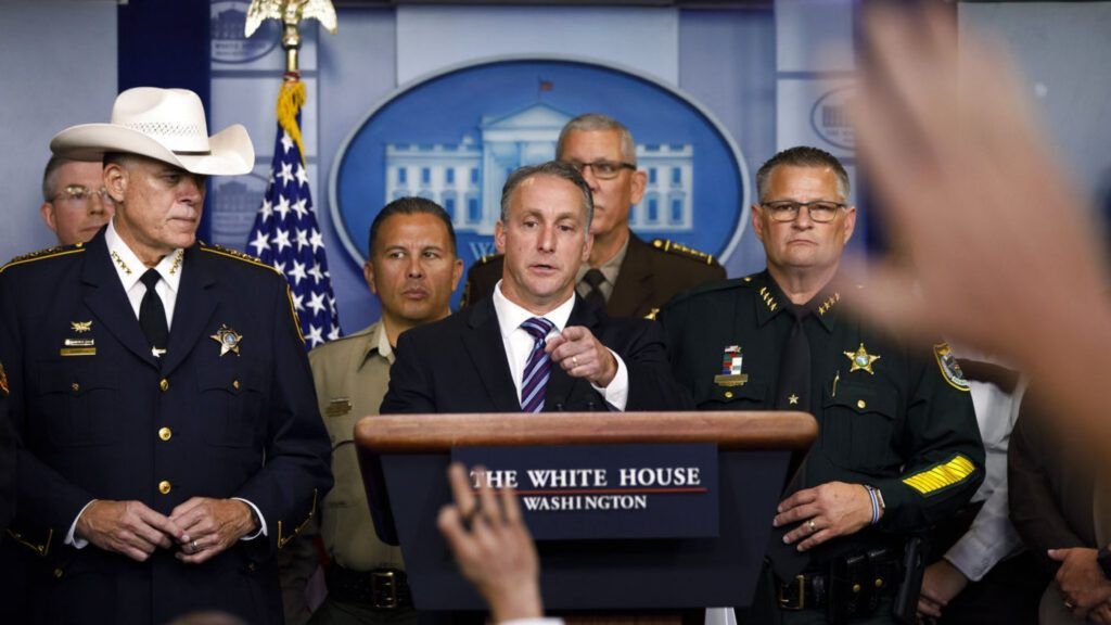 Acting Director of U.S. Immigration and Customs Enforcement Matthew Albence, joined by members of law enforcement, speaks during a news conference at the White House in Washington, Thursday, Sept. 26, 2019. 