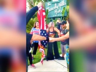 Anti-Trump protestors burned an American flag amid the arrival of President Donald Trump in Los Angeles for a fundraising event.