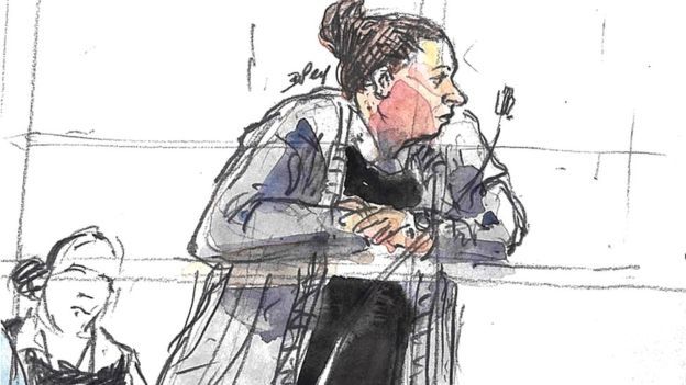Inès Madani in cou court sketch of Inès Madani, Ornella Gilligmann and Sarah Hervouët during the trialrt during the trial