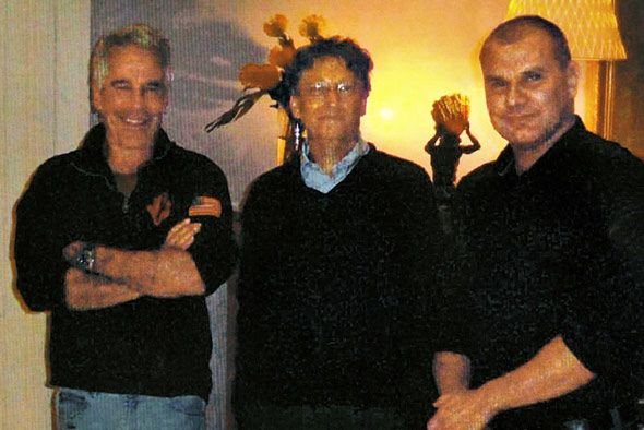 Bill Gates pictured with Jeffrey Epstein in his 'House of Horrors' New York mansion in 2011 along with Gates staffer Boris Nikolic (right)