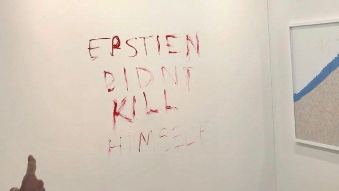 Pretentious duct-taped banana art replaced with Epstein didn't kill himself sign