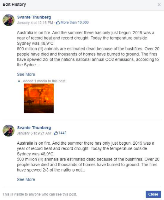 Example of Facebook post on Greta Thunberg's page that was secretly posted by her father.