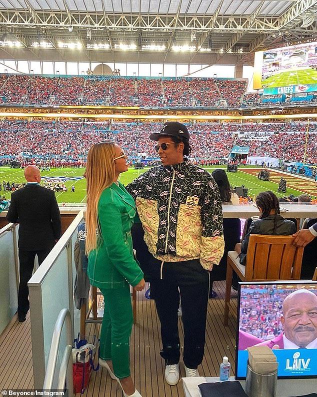 Beyonce and Jay-Z enjoyed prime seats for the game between the San Francisco 49ers and the Kansas City Chiefs at the Hard Rock Stadium