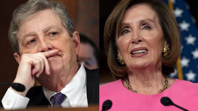 Sen. John Kennedy (R-LA) says Republicans tried to work with House Speaker Nancy Pelosi on the latest coronavirus relief bill, but the bipartisan venture was unsuccessful because "we can't get our heads that far up our rear ends."
