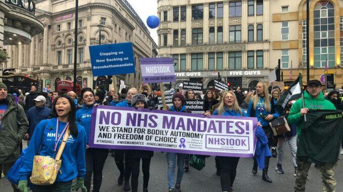 NHS staff protest vaccine mandate