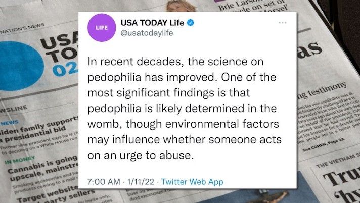USA Today forced to delete pro-pedophilia tweet after backlash