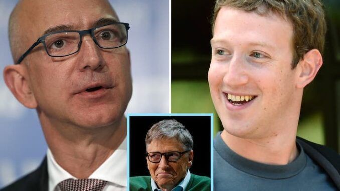 Mark Zuckerberg, Bill Gates, and Jeff Bezos producing artificial breast milk