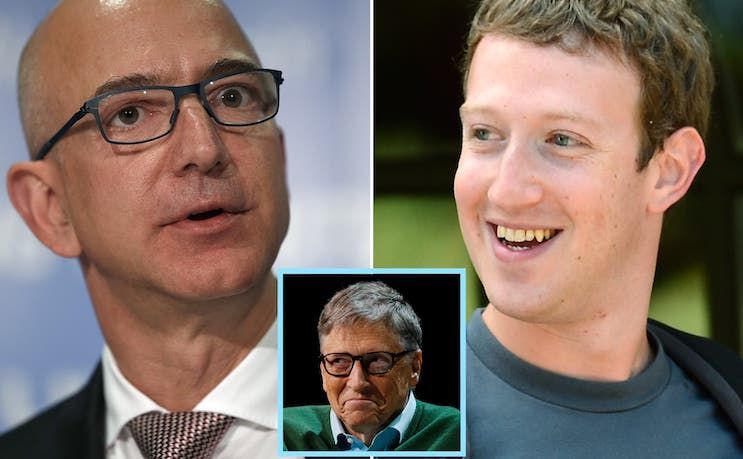 Mark Zuckerberg, Bill Gates, and Jeff Bezos producing artificial breast milk