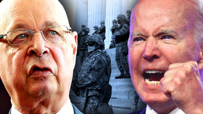 Hundreds of military tanks have been deployed across the United States after the unelected globalist despot Klaus Schwab ordered Biden to "declare martial law" in order to "repair our global architecture and our global system" in America.